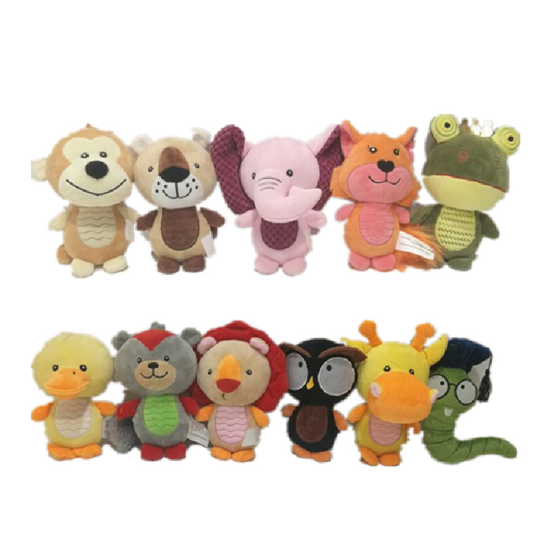 China Animal Figures 11 Asstd Plush Stuffed Pet Toys With Squeaker And Plastic Paper on sale