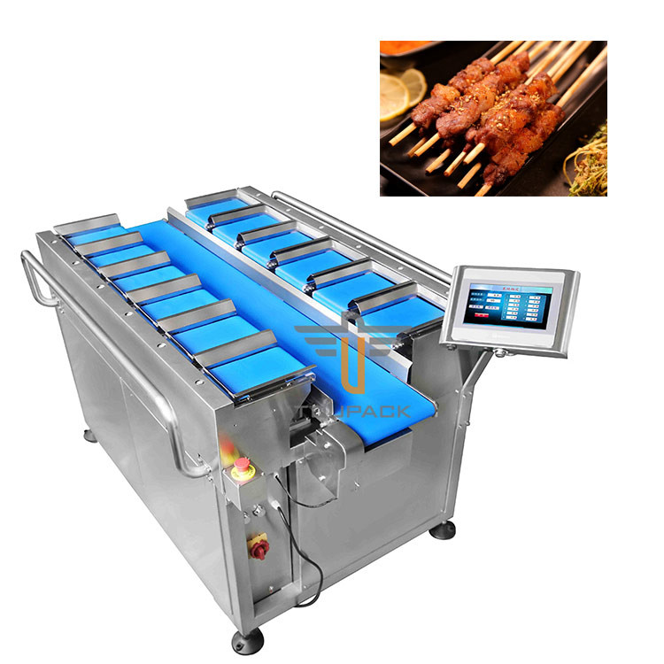 China PLC Electronic Weighing Scales Steak Fish Chicken Seafood Shrimp Sausage Weight Multiheads Belt Feeder Combination on sale