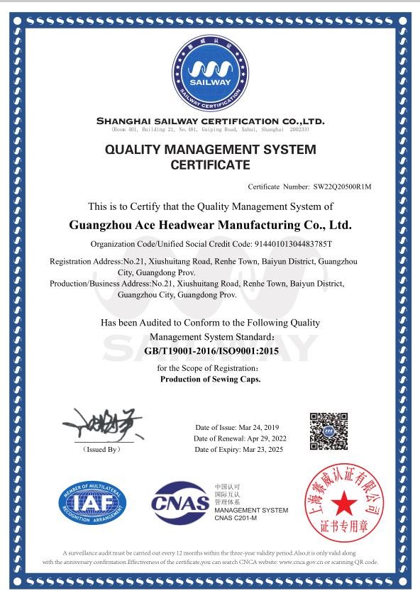 Guangzhou Ace Headwear Manufacturing Co., Ltd. Certifications