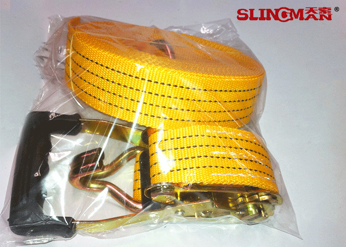 Quality 50MM Polyester Ratchet Tie Down Straps Yellow With Ratchet And Two Double J Hook for sale