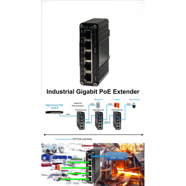Industrial 1-Port 802.3at PoE+ to 4-Port 802.3af/at Gigabit PoE Extender