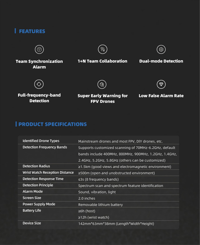 Handheld Drone Detector Advanced Portable Drone Detection with Synchronized Wrist Watch Alert System for Quick Response