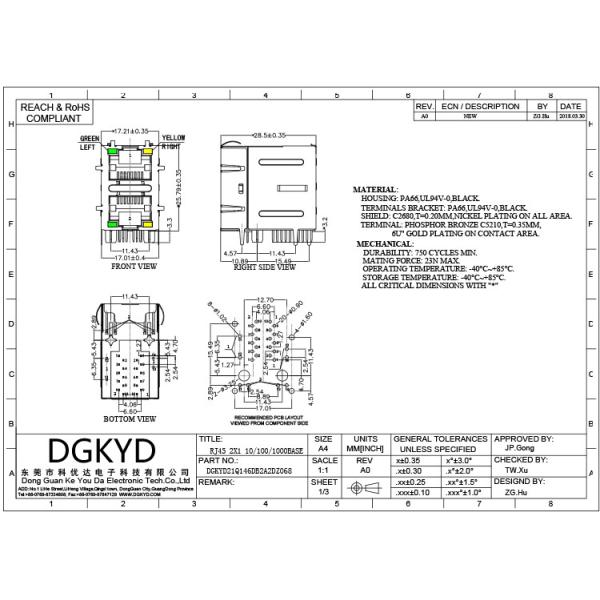 DGKYD21Q146DB2A2DZ068 10/100/1000 Base-T Connector 10P8C RJ45 Modular Jack Ethernet RJ45 Multiport Connector