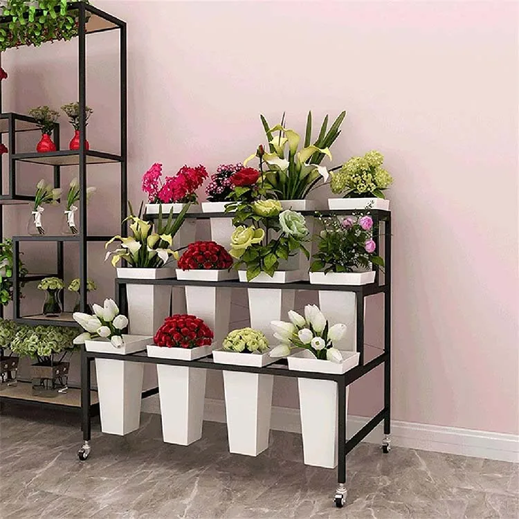 Factory Customized Color Size 3-Layer Stepped Plastic Square Bucket Florist Shelves Flower Stand Flower Shop Display Stand