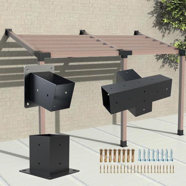 Pergola Brackets Kit 4-Way Brackets with Post Base for 4x4'' Wooden Beams Lumber Gazebos Patio Pergola Sheds