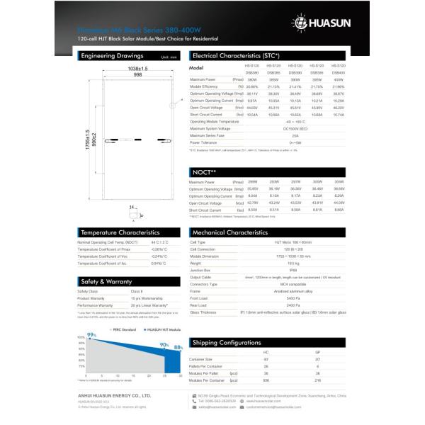 Huasun Full Black Solar Panel Super Light 385w 395w Monocrystalline Solar Panel For House