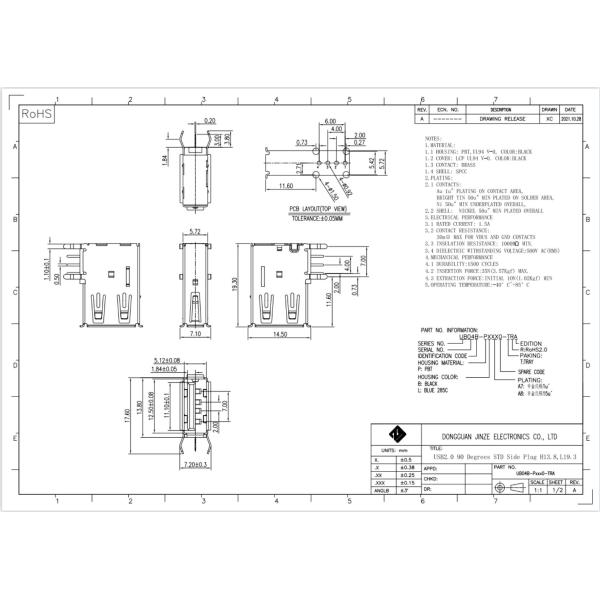 PBT UL94V-0 USB 3.0 Socket Micro USB Female Connector With 1.5A Current Rating