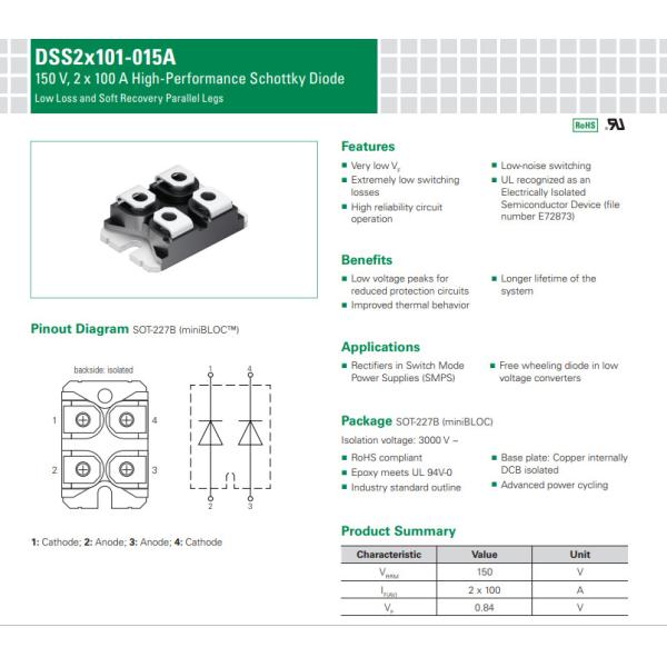 DSS2x101-015 High-Performance Schottky Diode Low Loss and Soft Recovery Parallel Legs