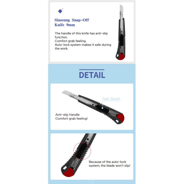 Snap Off Knife Blades 9mm 18mm Sinseung S502 Autolock Antislip Function