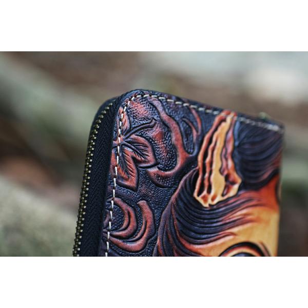 Buddha Demon Handmade Vegetable Tanned Cowhide Carved Japanese Wallet Genuine Leather Long Zipper One Thought Handheld Wallet Clip