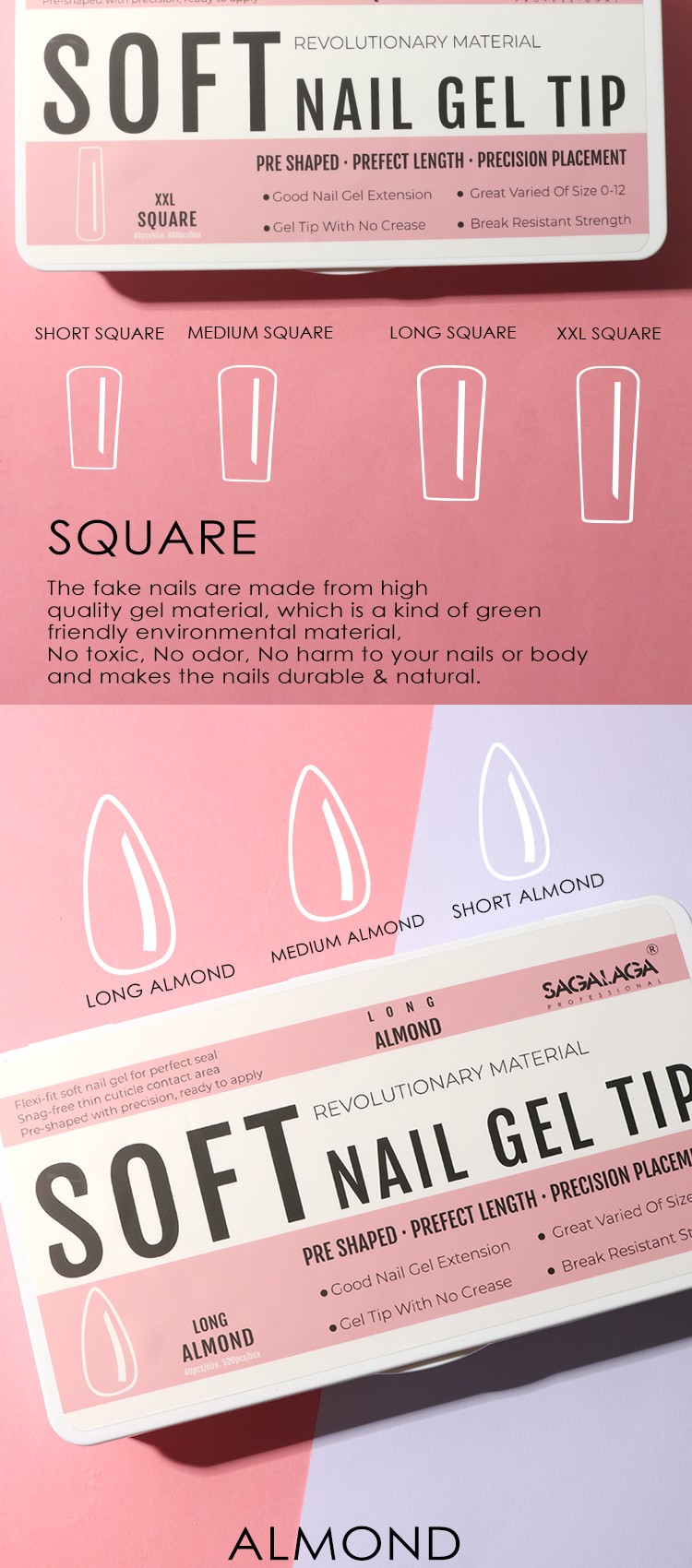 500pcs Transparent Xxxl Natural Long Nail Tips Stiletto Gel Box Full Cover Private Label Press on Soft Gel Tips Nails