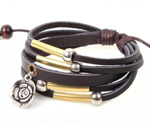 China Metal rose charm multi strands leather bracelet for men and women on sale