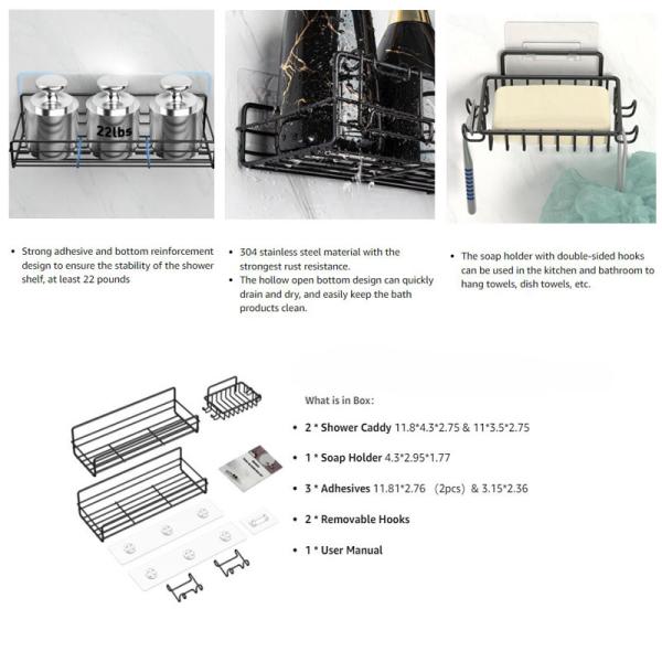 No Drilling Rustproof Traceless Adhesive Shower Wall Shelves Shower Caddy Basket Shelf with Soap Holder