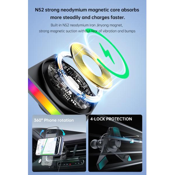 Q2 Wireless Charger All-Metal Design 15w Fast Charging Car Magnetic Wireless Charger Ambient Light Projection