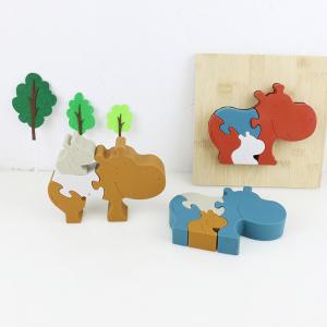 China Silicone and wooden jigsaw puzzle standing animal hippo puzzle kid toys for child playing on sale
