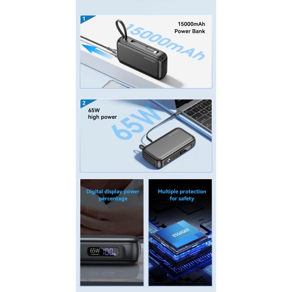 LED Digital Display PD 65W Cell Phone Power Bank 15000mAh Fast Battery Storage