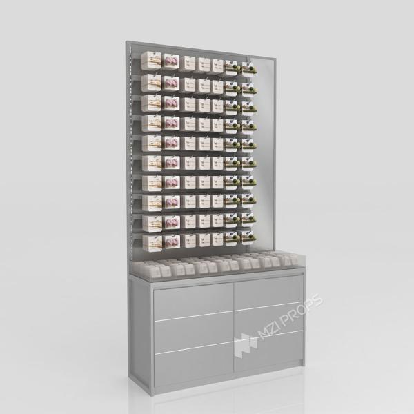 GDR08-SP02 Cosmetic Display Shelf with Gray Velvet Headband Cylinders and Efficient Storage for Cosmetics Retail Stores