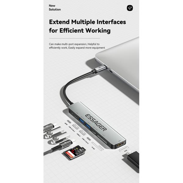 7 In 1 USB C HUB Multifunction Ports Fast Transmission 60W 4K 30Hz