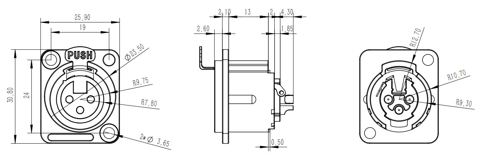 Outdoor D-Size Flange 3 Pin Xlr Connector 3PIN Female Socket for IP65 Black Outdoor Connector for D Mounting 3PIN XlR Connector