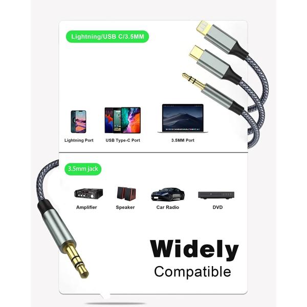 Car Audio Aux Jack Cable 3.5mm Gold 3 In 1 8pin For Samsung Iphone