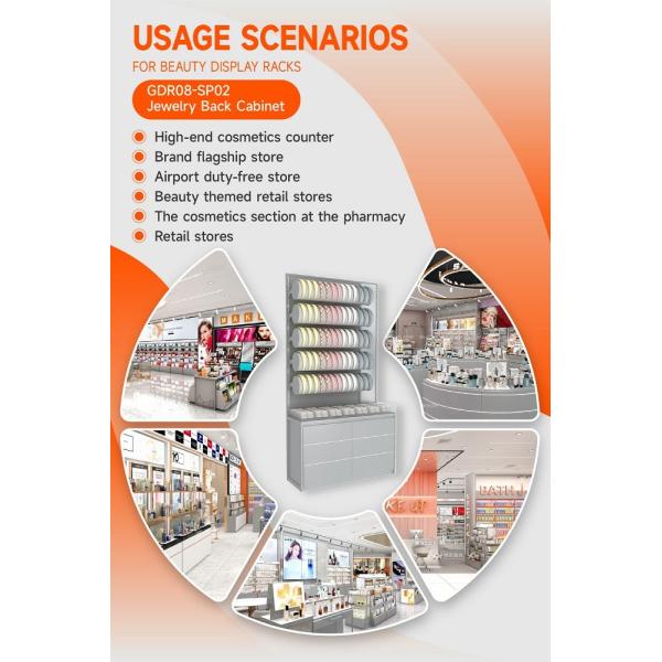 GDR08-SP02 Cosmetic Display Shelf with Gray Velvet Headband Cylinders and Efficient Storage for Cosmetics Retail Stores