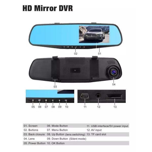 4.3 Inch Car DVR Camera Mirror Dash Cam Front And Rear 1080p