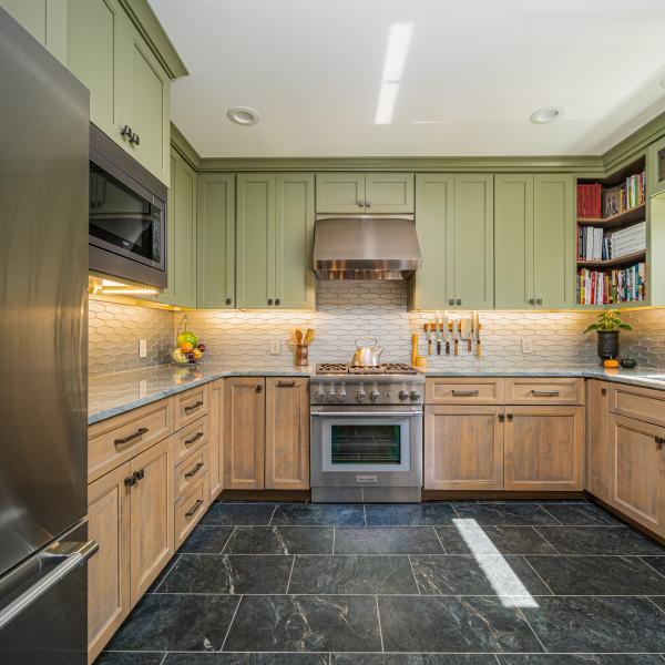 U Shaped Solid Wood Cupboard Kitchen Base Unit Cabinet And Pantry Green Shaker Style