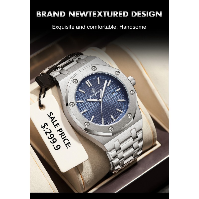 Octagon Bezel Men Quartz Watch, Stainless Steel Integrated Bracelet, Textured Grid Dial, Date Window, Waterproof OEM ODM Wholesale Wristwatch