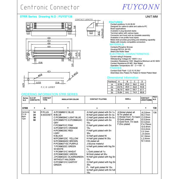 PBT 36 Pin Centronics Connector With PCB Right Angel Female Connector