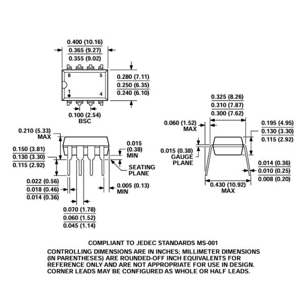 AD820AN Op-Amp 5MHz BW 16V/µs Slew Single/Dual Supply Low 1.8mA Current Rail-to-Rail Out -40°C~125°C 8-Pin DIP/SOIC Industrial Grade