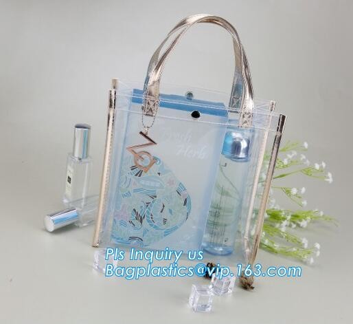 promotional clear pvc cosmetic bags handle zipper for sale, eco soft loop die cut pvc clear handle plastic shopping bags