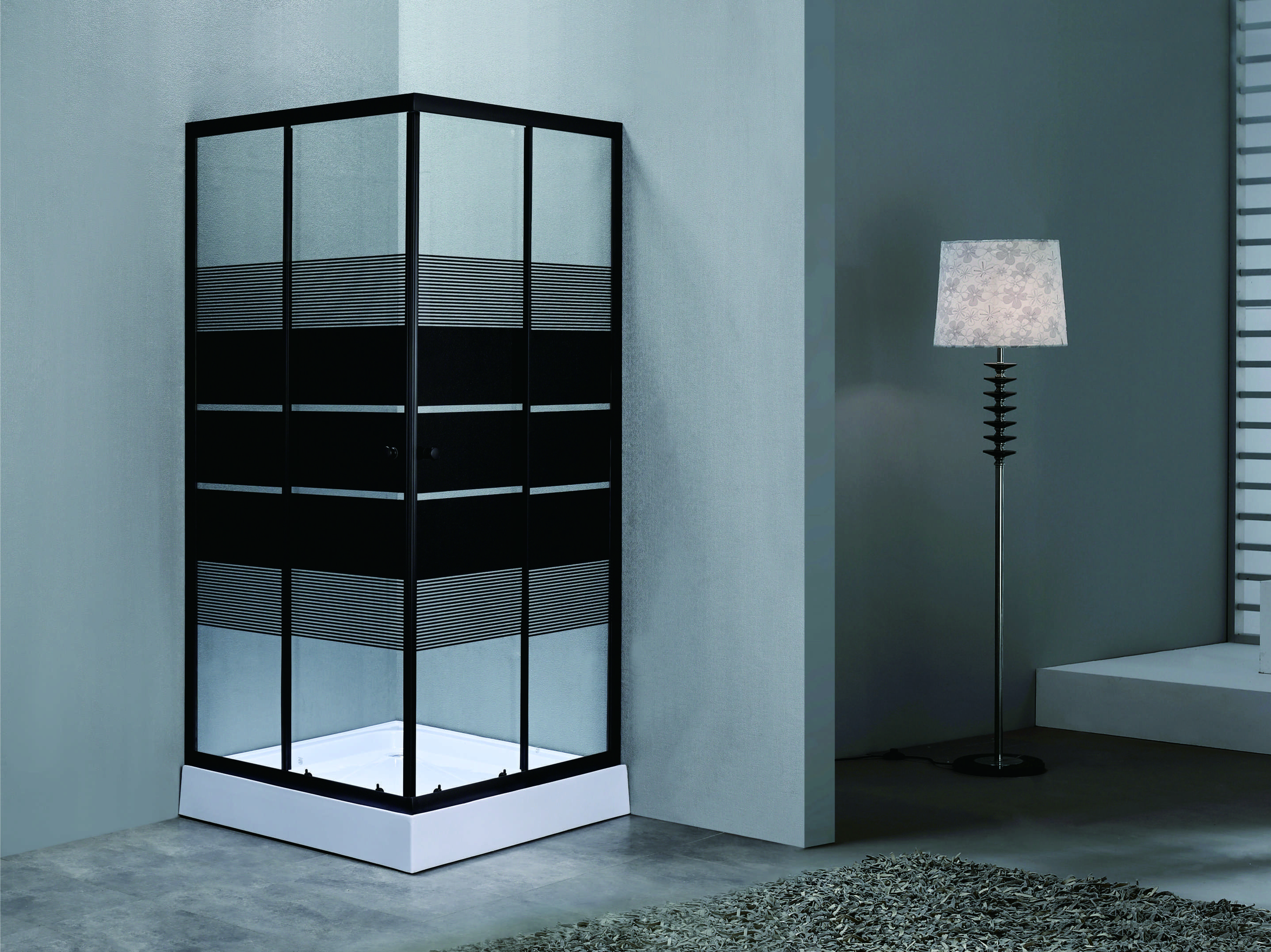 Stylish,Durable Square Shower Enclosures With Black Block Stripes Glass For Modern
