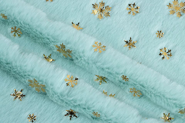 DDP Recycled Factory High Quality Bunny Hair Foil Gold Fabric Snowflake Pattern, Wholesale Polyester Fleece Fabric
