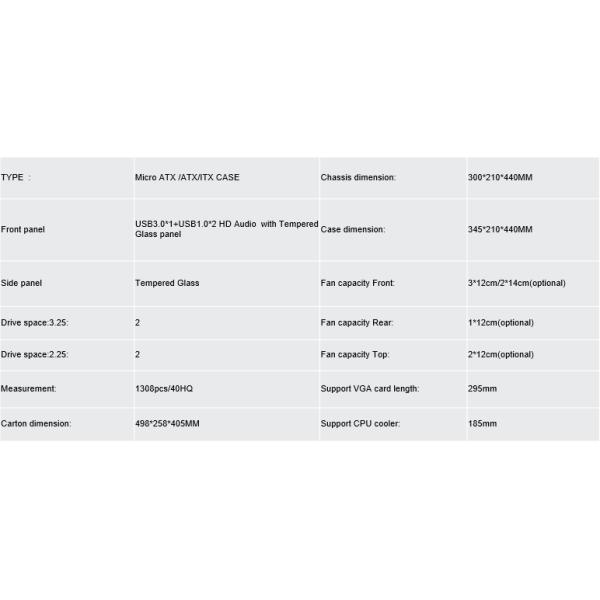 ETEK ATX/Matx Computer Case Tempered Glass panel on Side and Front Support Fans 2x14cm or 3x12cm on Front Support Rad