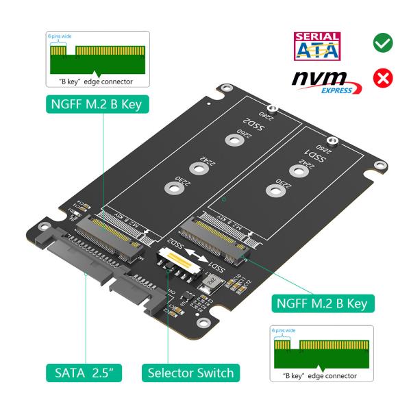 Dual M.2 B Key/B&M Key SSD to 2.5" SATA III Card With Selection Switch Plastic Enclosure