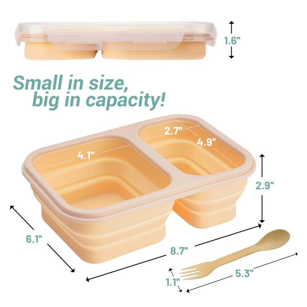 2 Compartments Collapsible Lunch Containers With Lid Lunchbox With Utensils Foldable Silicone Bento For Adults BPA Free