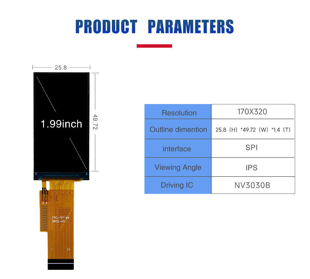 1.99 Inch Tft Lcd Display Screen 170x320 Resolution Custom Tft Display SPI Driving IC NV3030B