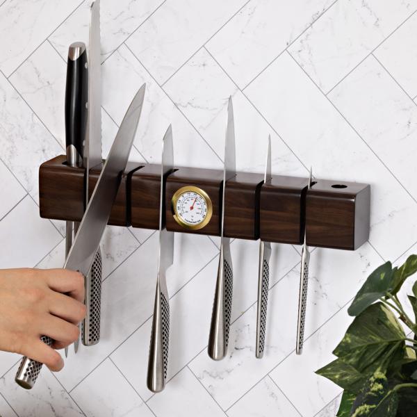 Acacia Wood Knife Holder featuring Super Strong Magnets and Multifunctional Hygrometer