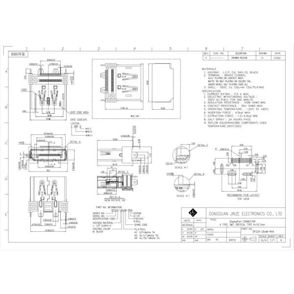 LCP Solder Displayport DP Socket Connector 180 Degrees SMT Au 1u"
