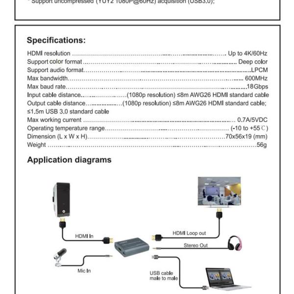 Professional 4K 60Hz HDMI To USB3.0 Video Capture Card With Audio Output And USB 3.0