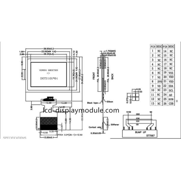 Customized Graphic LCD Display Screen COG 101 * 64 STN Positive Reflective