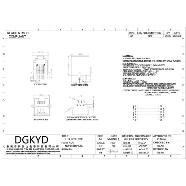 Black Plastic Housing Telephone Jack 6p6c Rj11 Connector