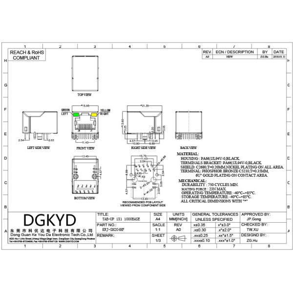 KRJ-SH204HF Shielded Tap-up 1000 BASE Single port cat6 RJ45 Modular Jack with internal magnetics