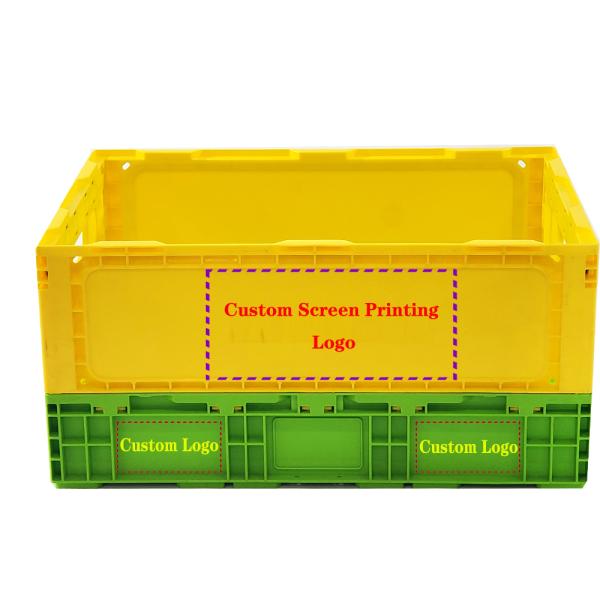 Yellow Rectangular Plastic Square Crate Folding Plastic Storage Bins External 508x338x245mm