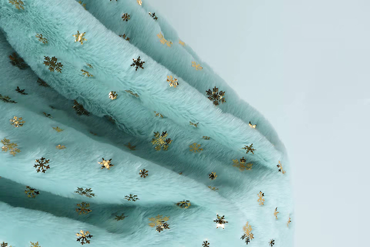 DDP Recycled Factory High Quality Bunny Hair Foil Gold Fabric Snowflake Pattern, Wholesale Polyester Fleece Fabric