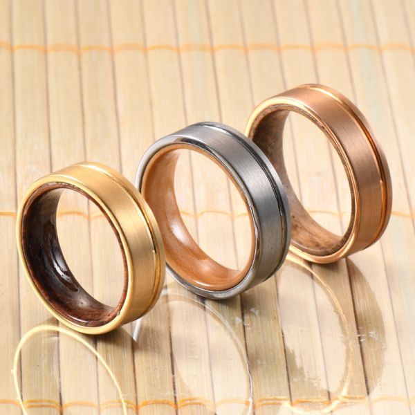 8mm 6mm Men's Tungsten Carbide Flat Edges Silver Ring with Olive Wood Whiskey Wood Inlay Wedding Engagement Ring Jewelry
