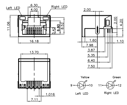 4.2H RJ45 Single Port Shield DIP / Sink Plate RJ45 Modular Jack Tab UP 1x1 With Leds