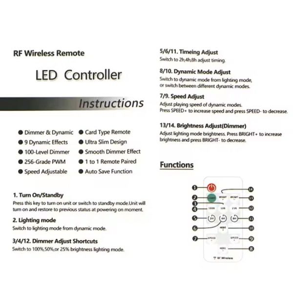 14Key 12a Single Color Rf Led Controller With Dc Or 2 Pin Connection Mode
