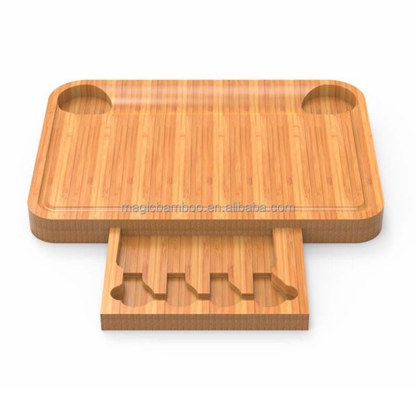Rectangular Bamboo Cheese Board with Pull-Out Complete Set of Cheese Knives and Design