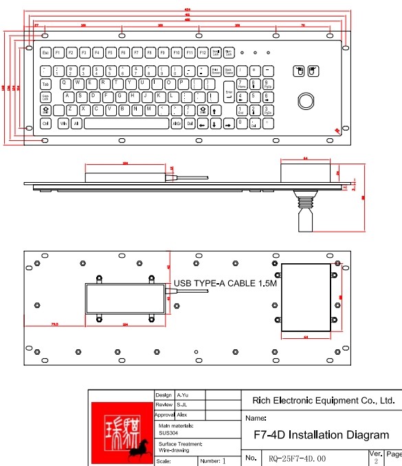 Stainless steel IP65 waterproof dustproof Industrial Keyboard With Control Stick